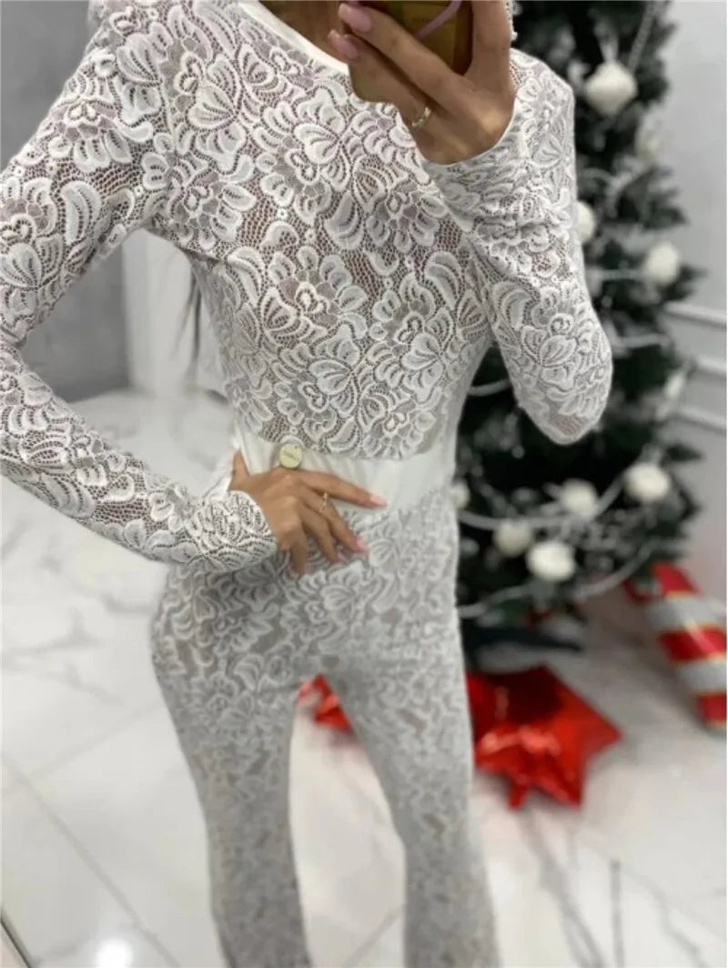 Lace Print Long Sleeve Jumpsuits