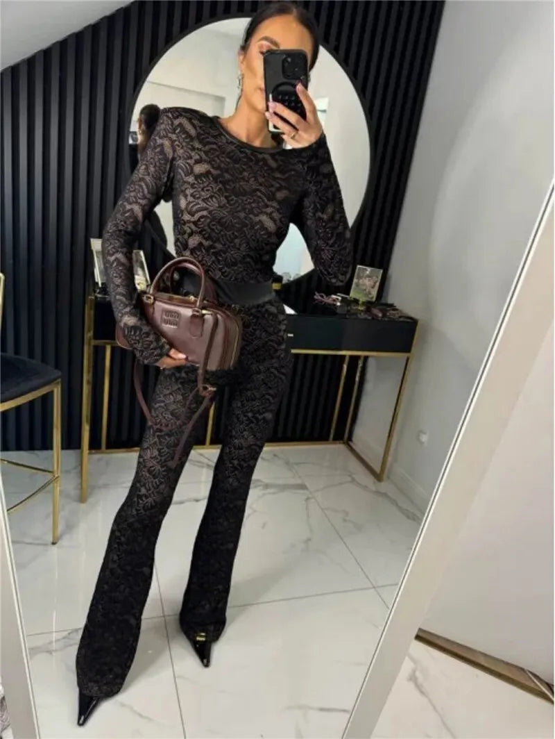Lace Print Long Sleeve Jumpsuits