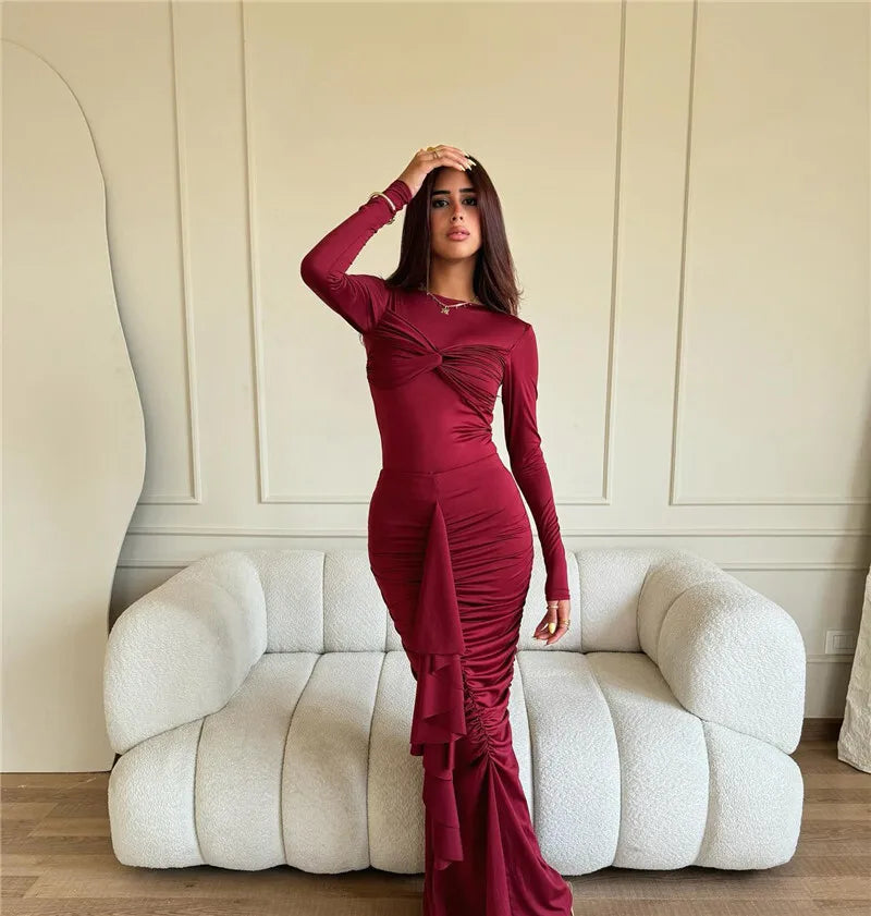 O Neck Ruched Bodycon Elegant Dress