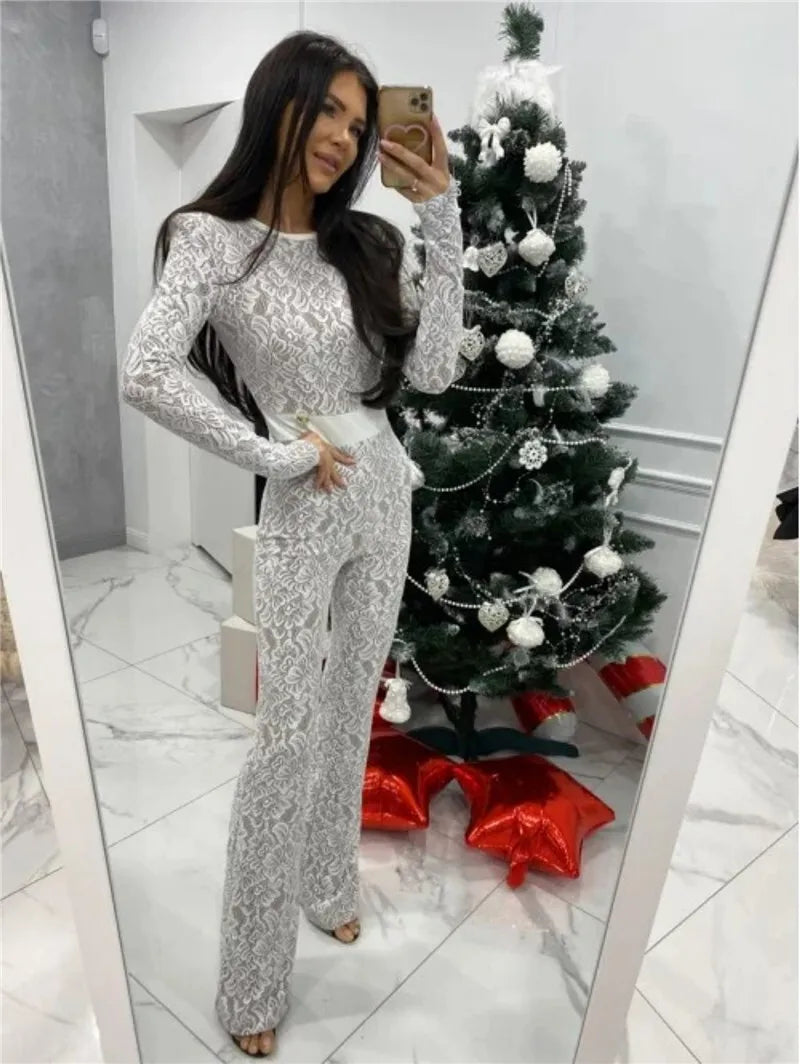 Lace Print Long Sleeve Jumpsuits