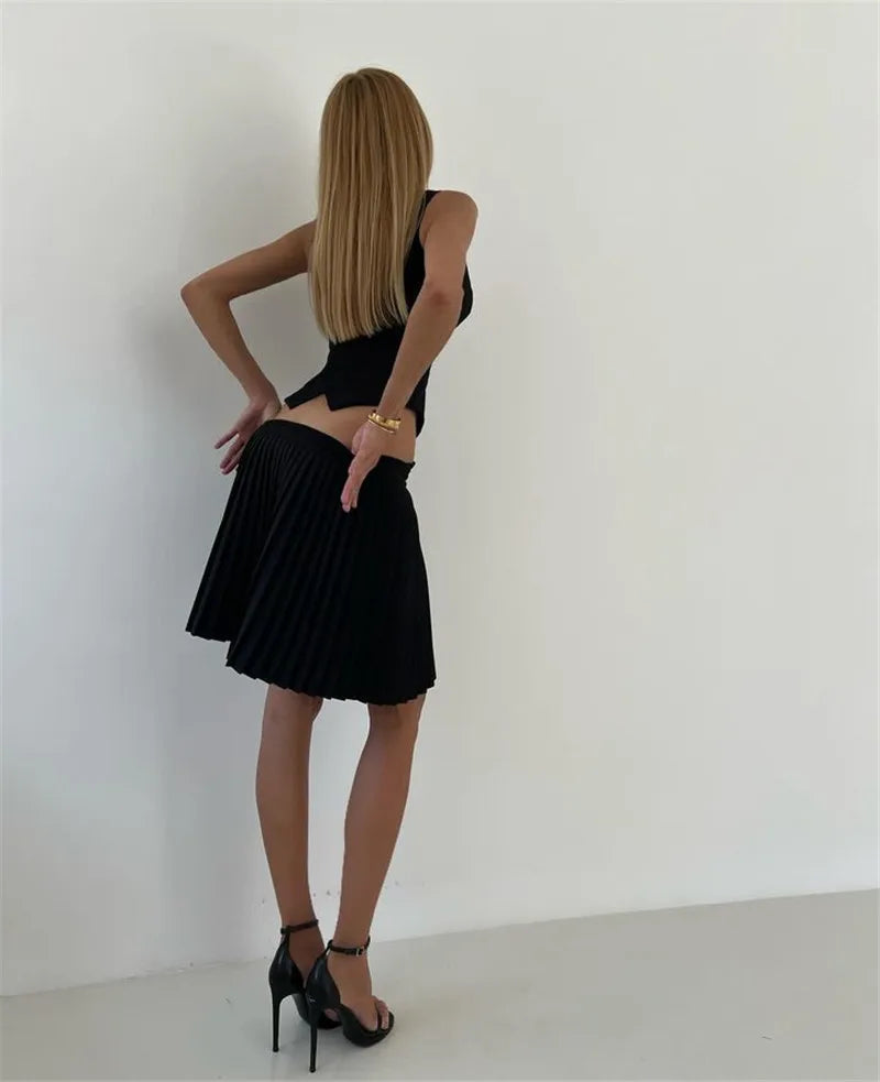 Sets V Neck Single-breasted Vest Tops And Pleated Mini Skirt