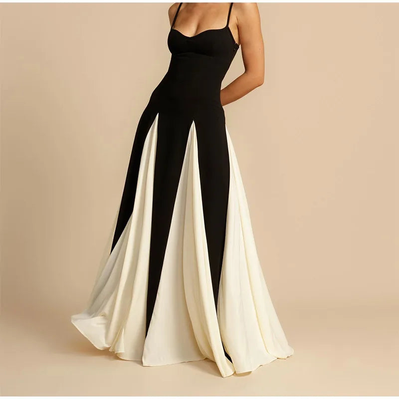 Gauze Contrasting Color Strap Maxi Dress