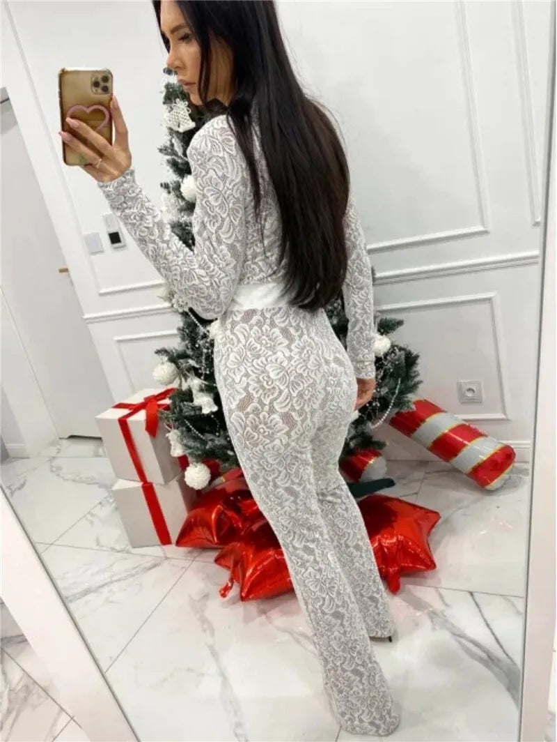Lace Print Long Sleeve Jumpsuits
