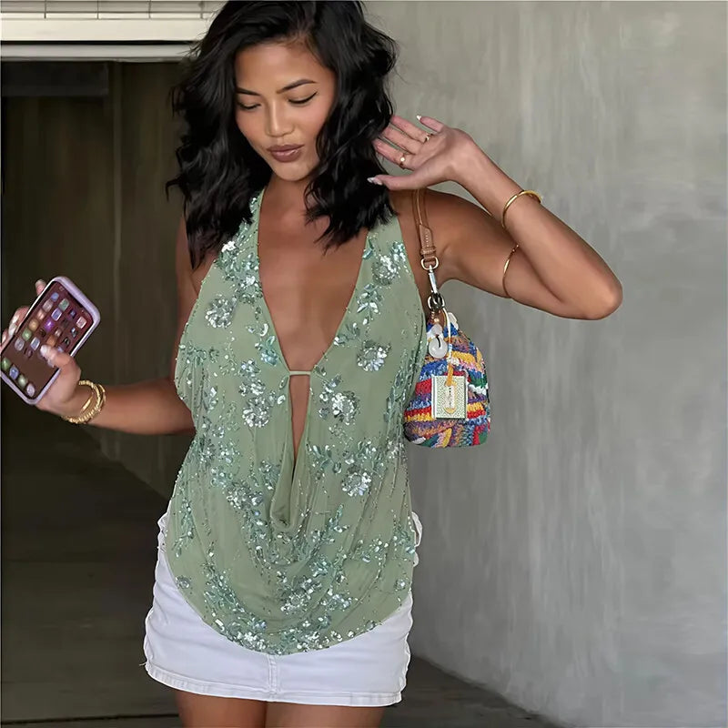 Glitter Deep V Neck Sexy Tank Tops