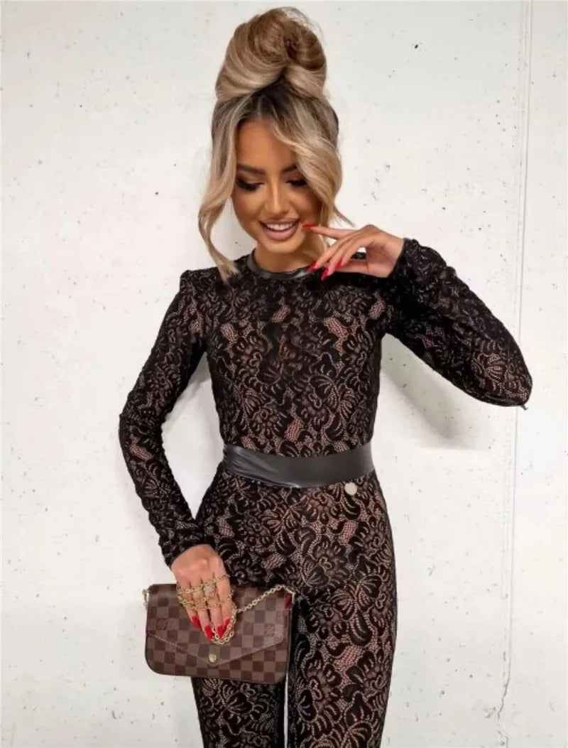Lace Print Long Sleeve Jumpsuits