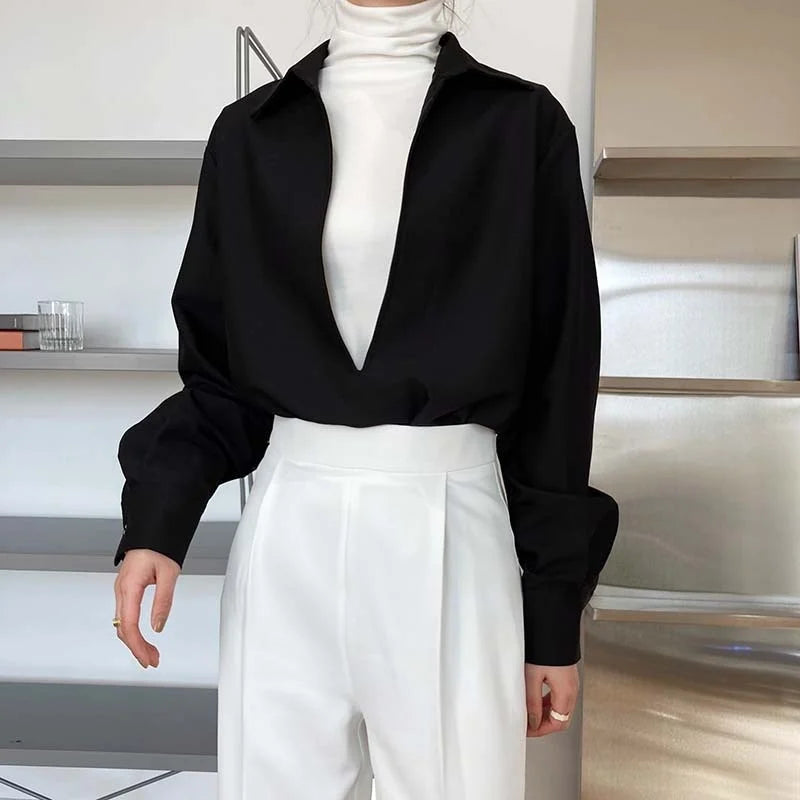 V Neck Solid Full Sleeve Loose Tops