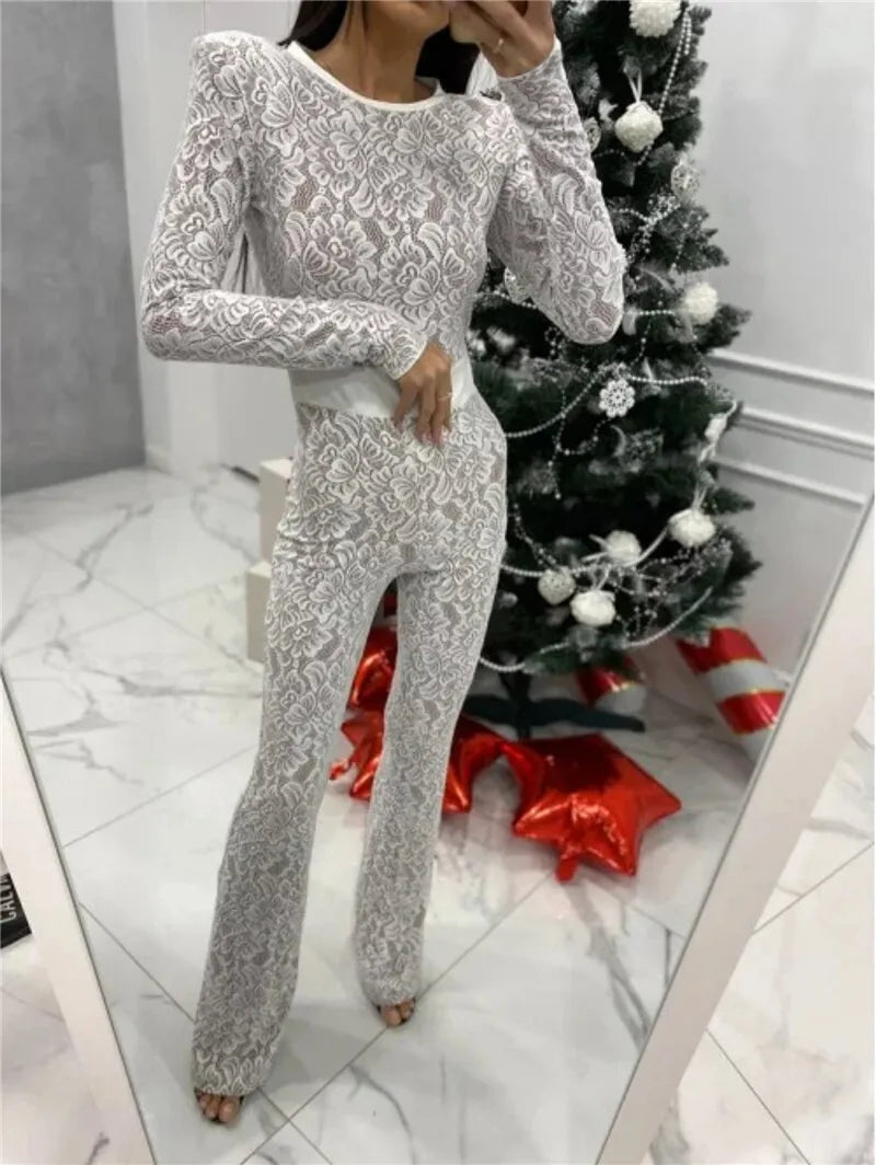 Lace Print Long Sleeve Jumpsuits