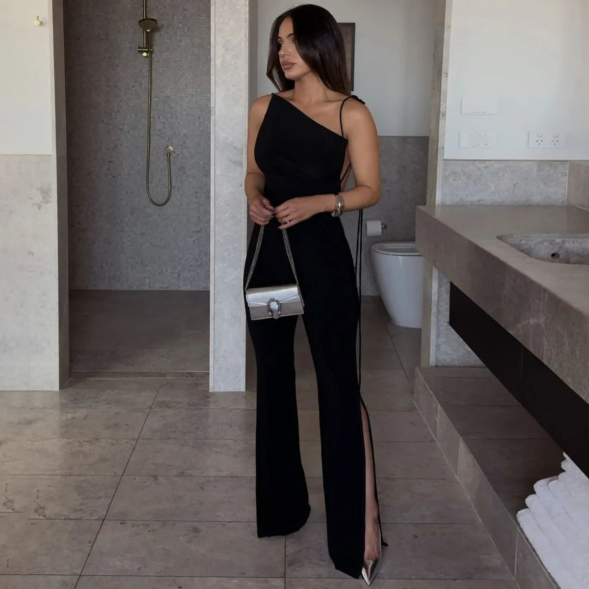 Lace-up Irregularity Long Jumpsuit