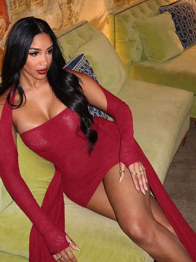 Mesh Simple Mini Dress Ribbons Full Sleeve Gloves