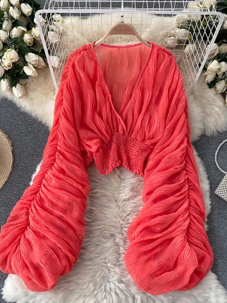 Draped Chiffon Blouset V-Neck