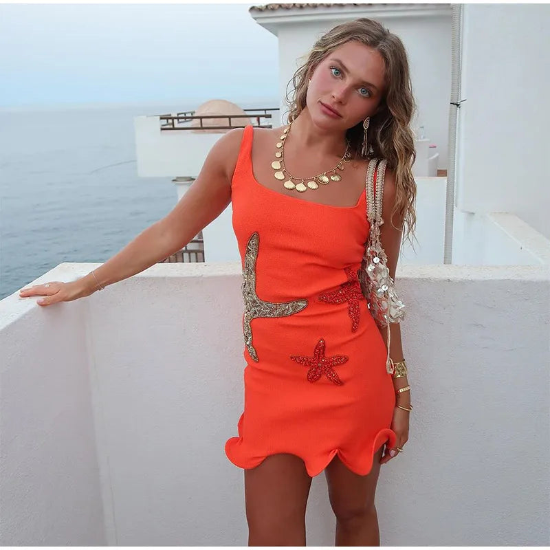 Stunning Shiny Stars Ruffles Hem Knitted Mini Dress