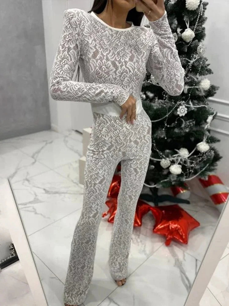 Lace Print Long Sleeve Jumpsuits
