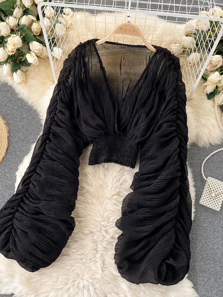 Draped Chiffon Blouset V-Neck