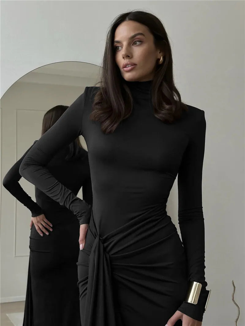 Turtleneck Thigh High Split Sexy Maxi Dress