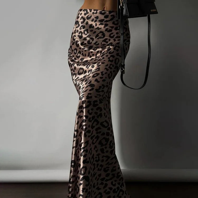 Satin Leopard Print Long Skirt