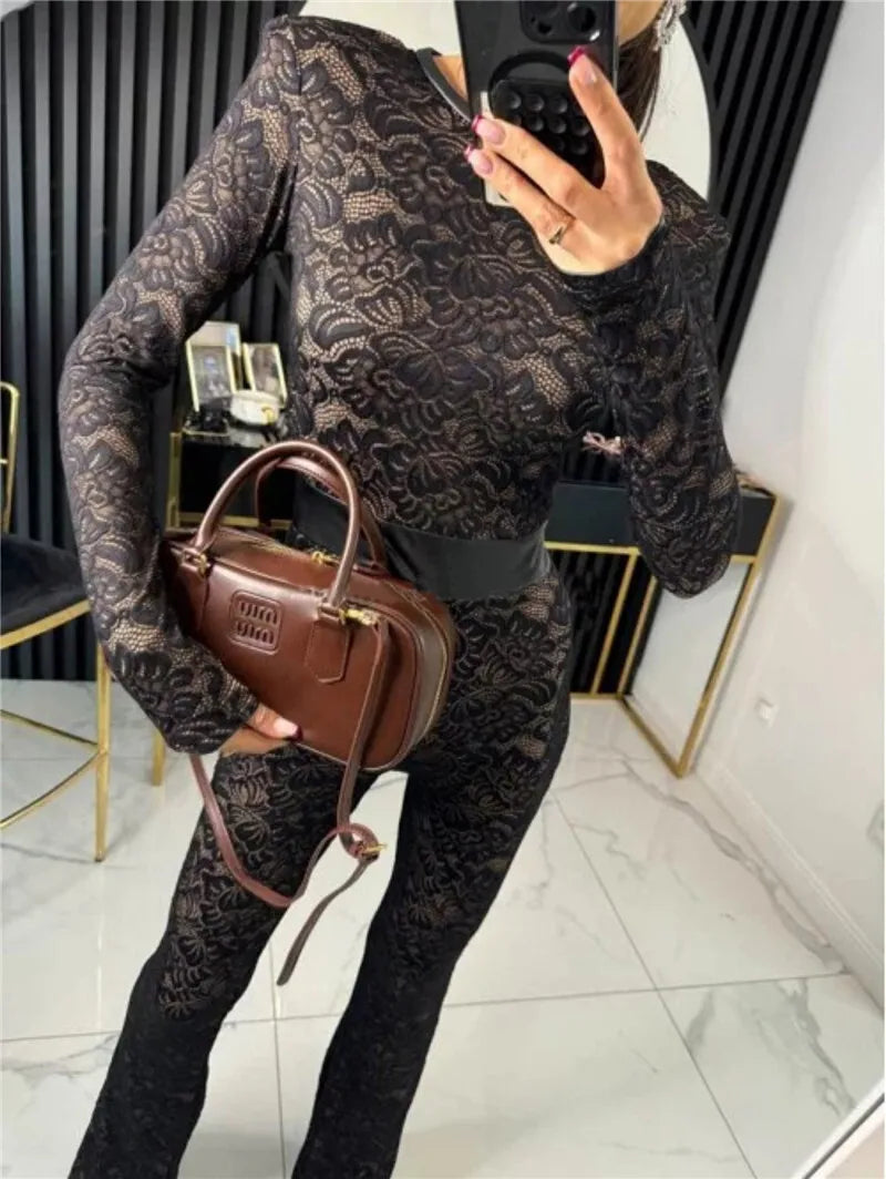 Lace Print Long Sleeve Jumpsuits