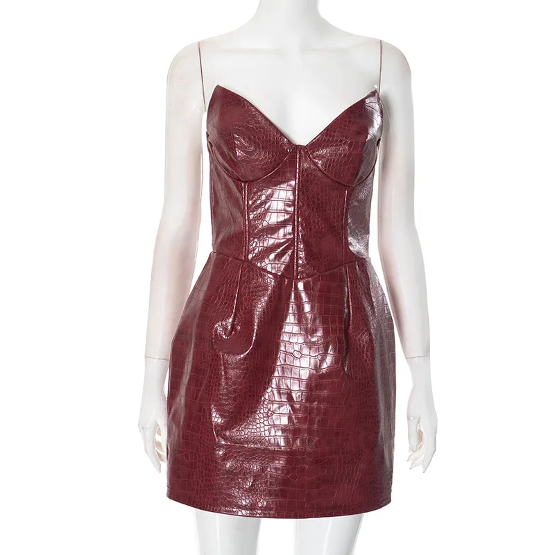 Luxury Leather Strapless Short Dress Chic Womens Summer Sexy Party Waist Curvy Dresses 2025 Evening Red Green Brown Y2K Cocktail