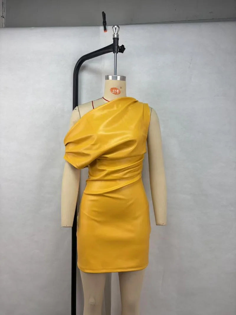 Luxury Leather Strapless Short Dress Chic Womens Summer Sexy Party Waist Curvy Dresses 2025 Evening Red Green Brown Y2K Cocktail