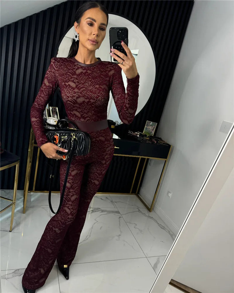 Lace Print Long Sleeve Jumpsuits