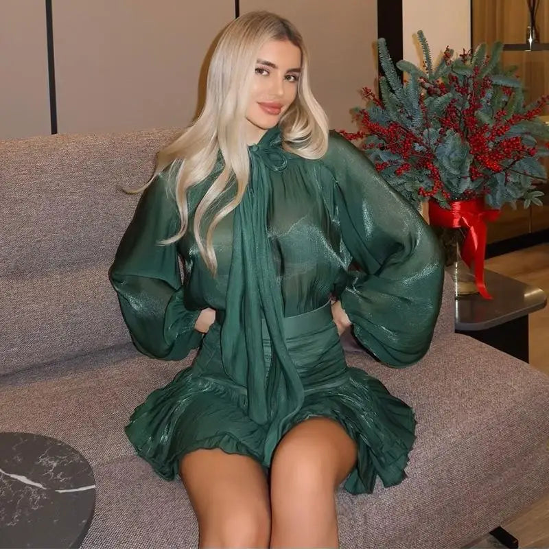 O-neck Long Lantern Sleeve Blouses Set