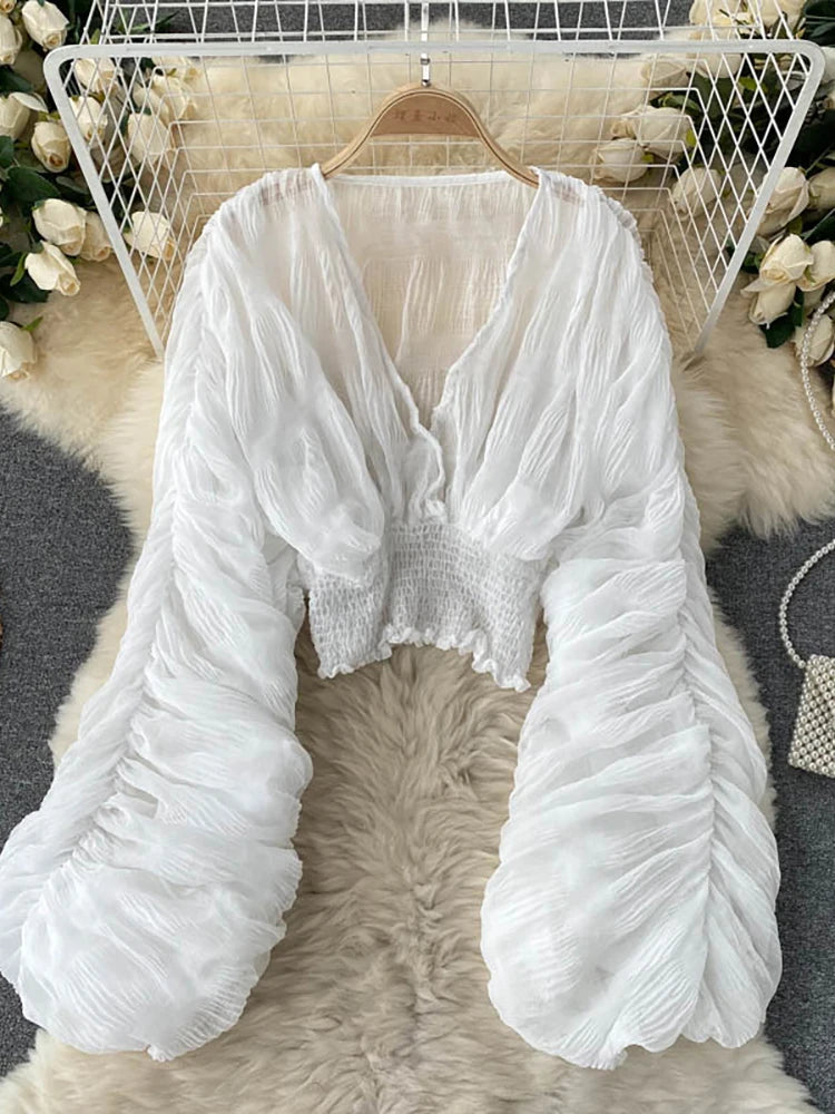Draped Chiffon Blouset V-Neck