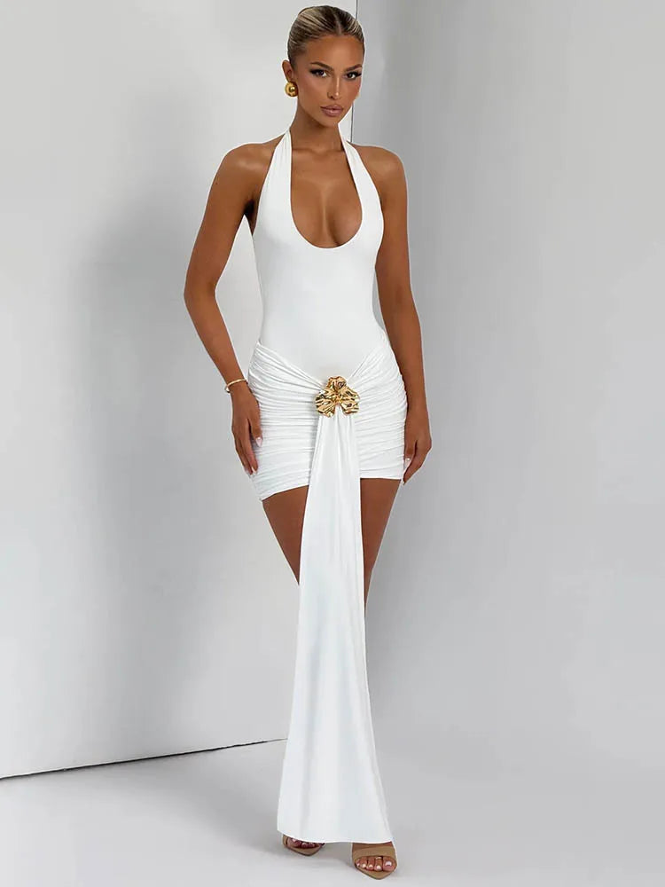 Flower Draped Ruched Sexy Mini Dress