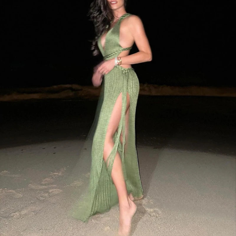 Hollow Out Sleeveless Knitted Long Dress