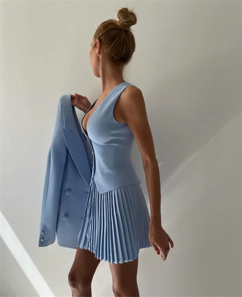 Sets V Neck Single-breasted Vest Tops And Pleated Mini Skirt