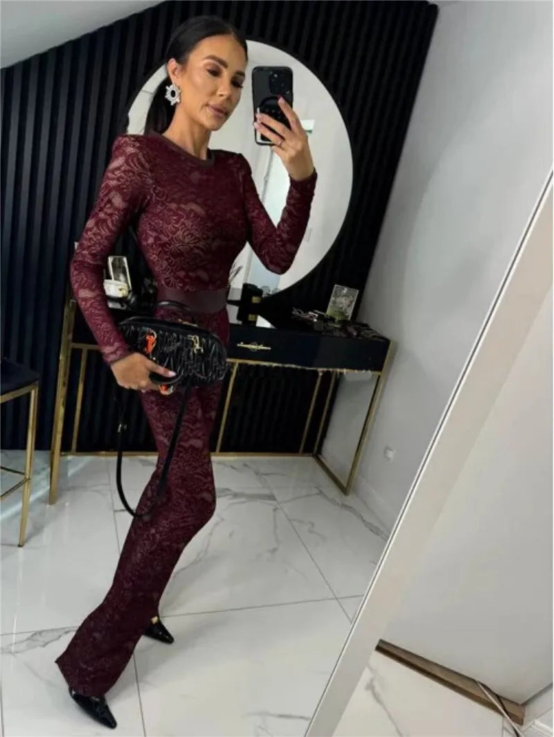Lace Print Long Sleeve Jumpsuits