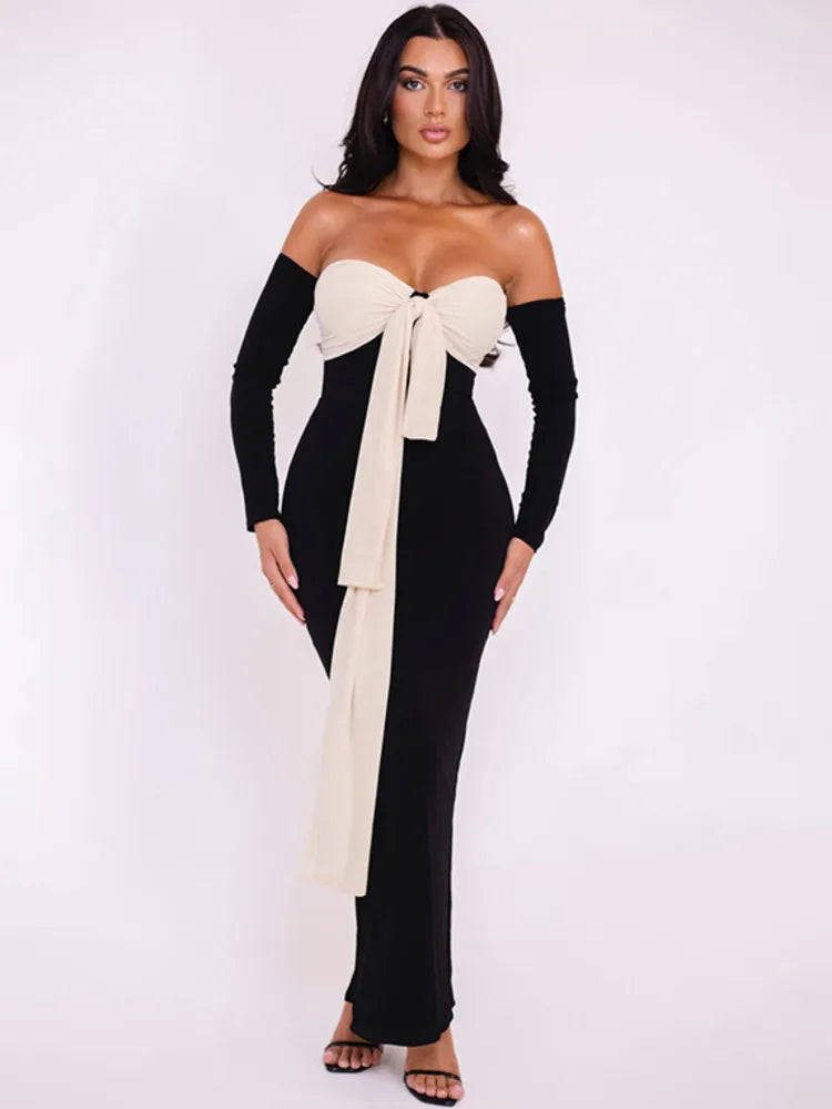 Patchwork Off-shoulder Maxi Dress