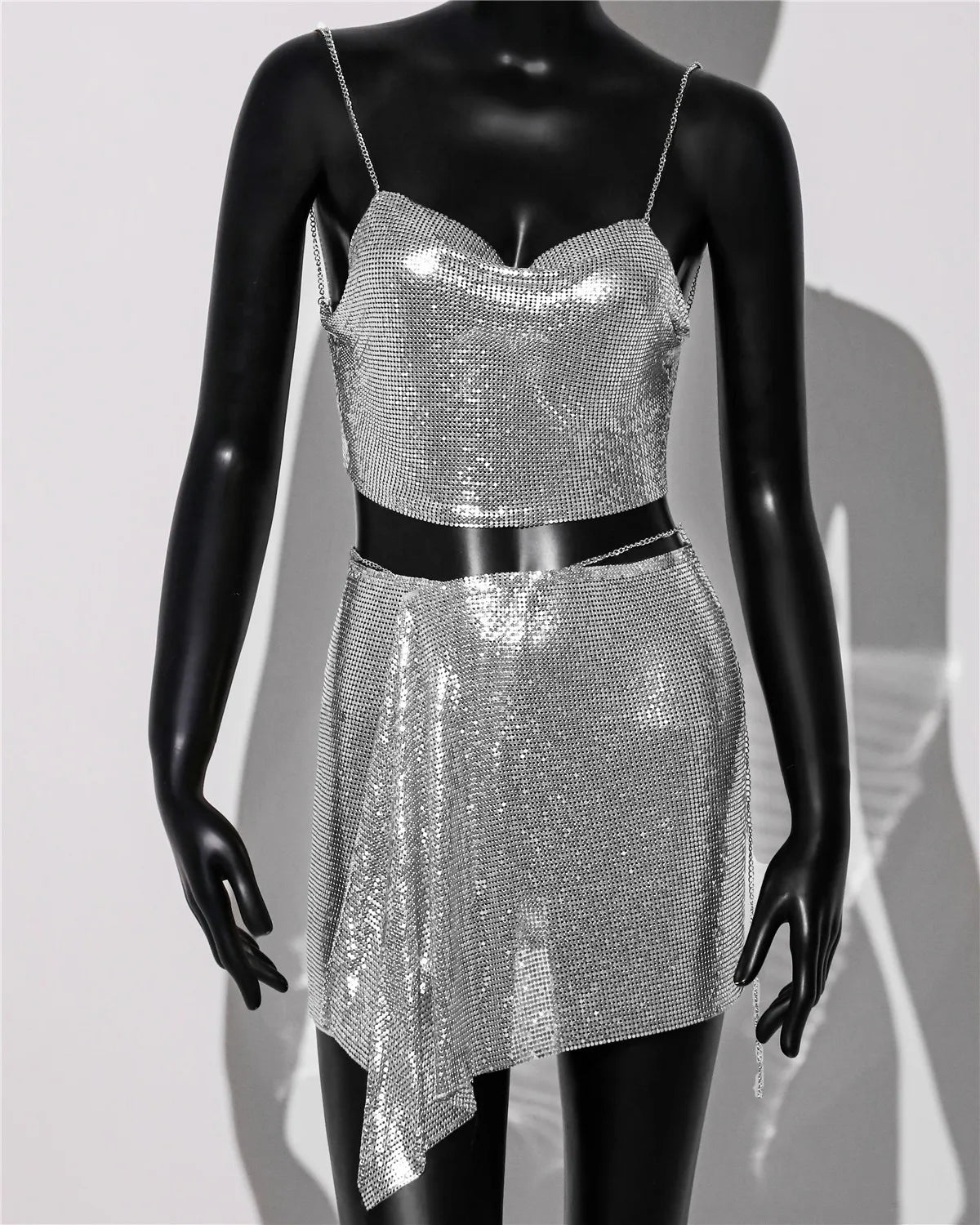 Metal Sequins Sleeveless Halter Skirts Set