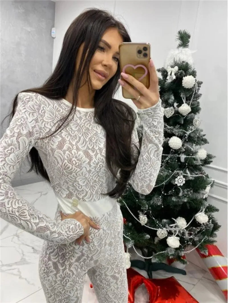 Lace Print Long Sleeve Jumpsuits