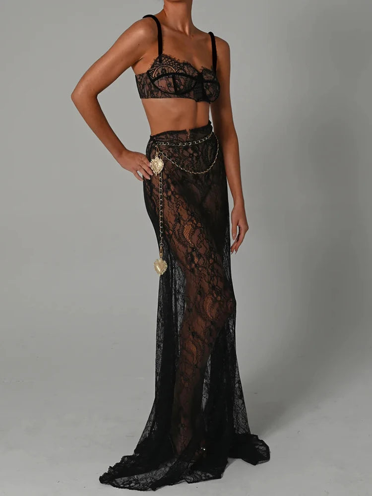 See Through Lace Skirt Set