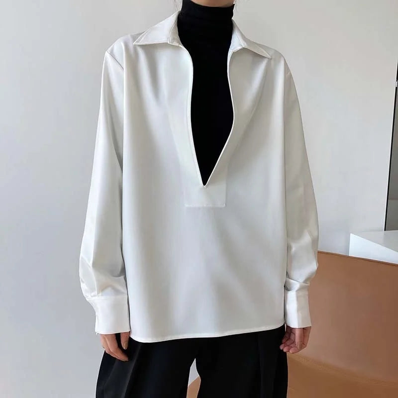 V Neck Solid Full Sleeve Loose Tops