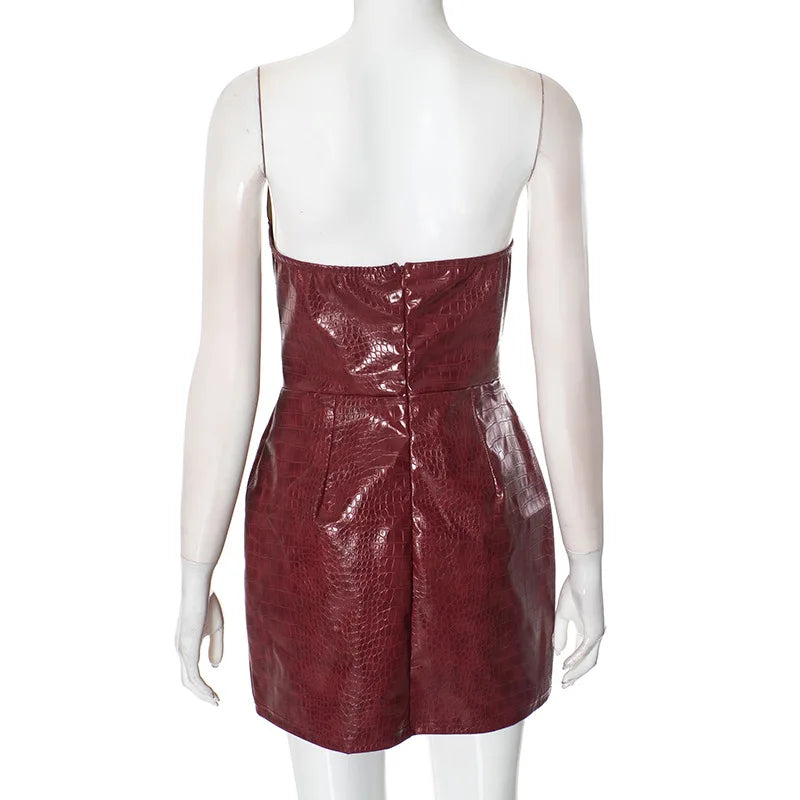 Luxury Leather Strapless Short Dress Chic Womens Summer Sexy Party Waist Curvy Dresses 2025 Evening Red Green Brown Y2K Cocktail