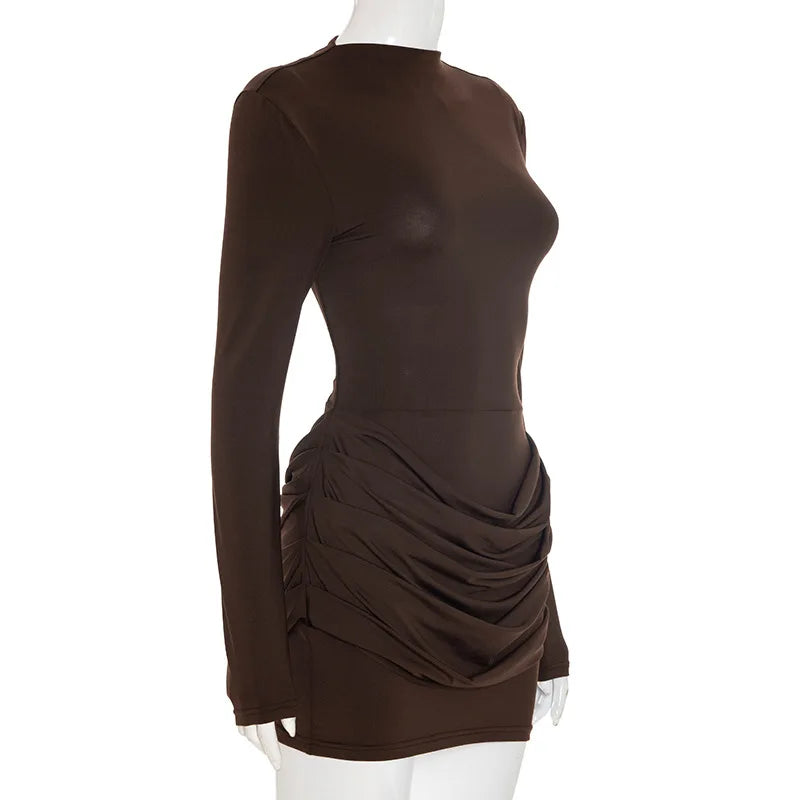 XIAOTANG Long Sleeve Ruched Sexy Mini Dress Women Autumn Winter New Elegant High Waist Bodycon Club Party Dresses Female