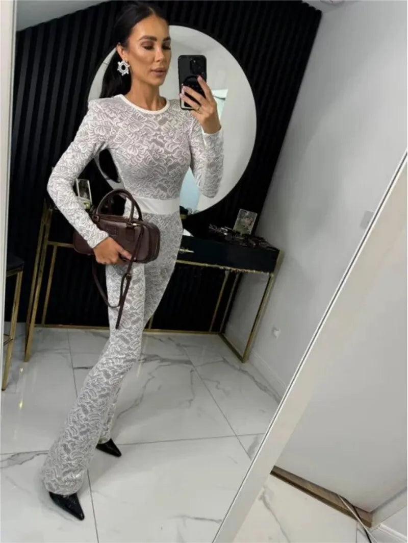 Lace Print Long Sleeve Jumpsuits