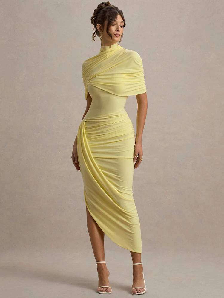 Half Sleeve Backless Ruched Maxi Dress