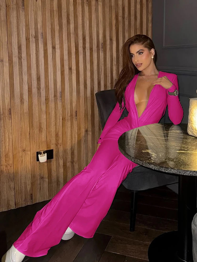 Ruched Jumpsuit Deep v-Neck Full Sleeve