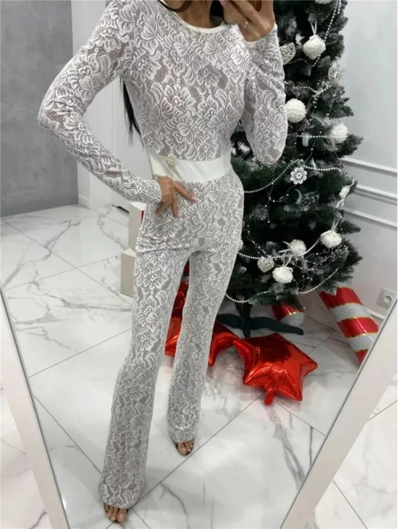 Lace Print Long Sleeve Jumpsuits