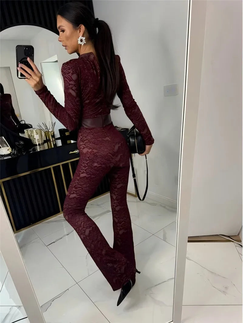 Lace Print Long Sleeve Jumpsuits