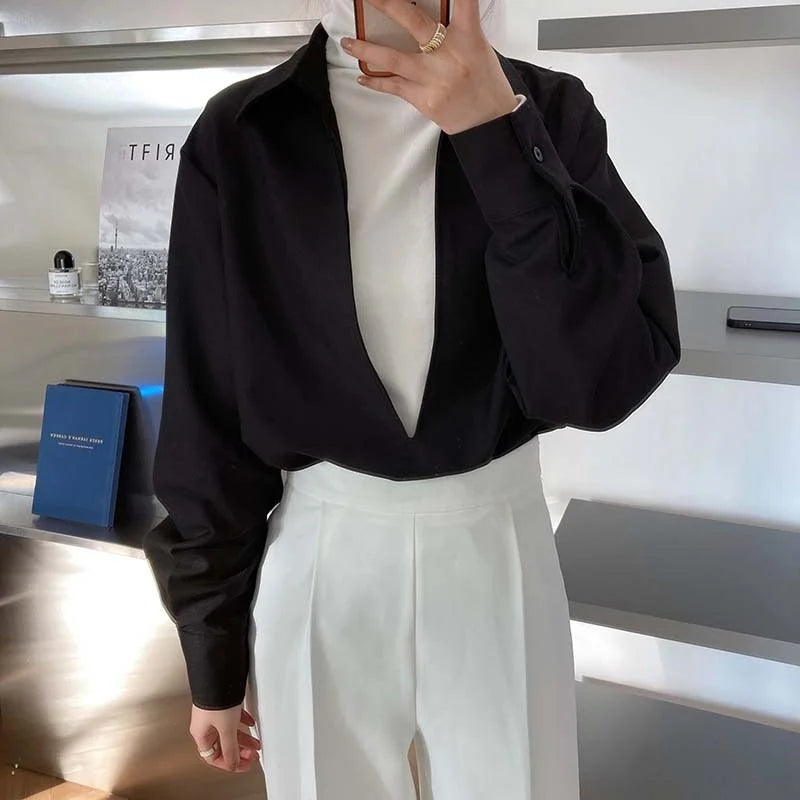 V Neck Solid Full Sleeve Loose Tops