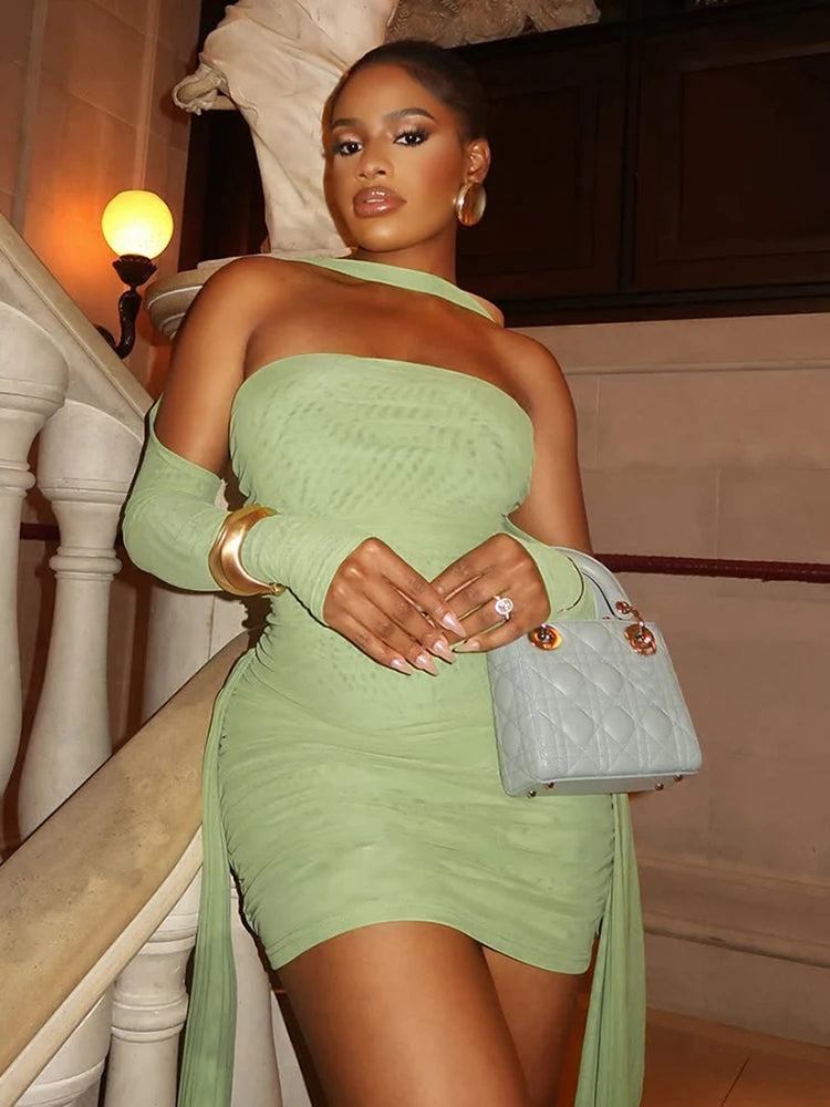 Mesh Simple Mini Dress Ribbons Full Sleeve Gloves