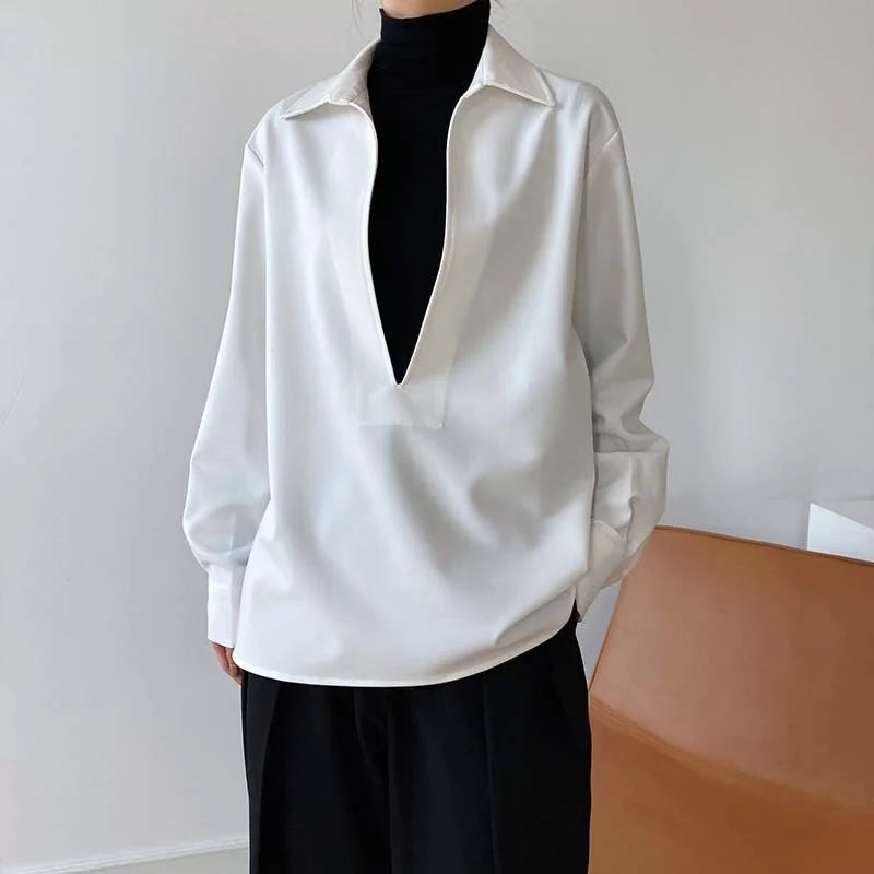 V Neck Solid Full Sleeve Loose Tops