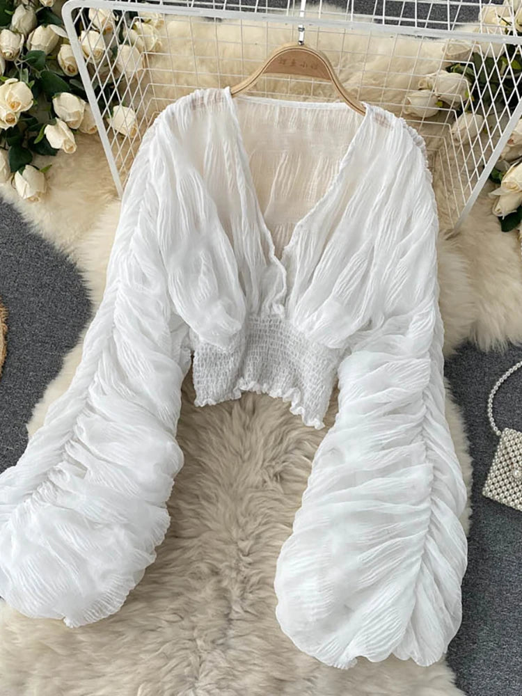 Draped Chiffon Blouset V-Neck