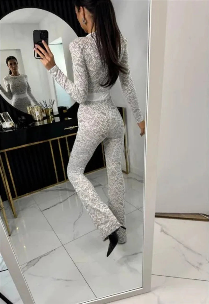 Lace Print Long Sleeve Jumpsuits