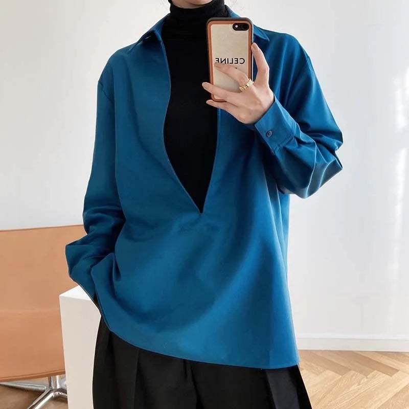 V Neck Solid Full Sleeve Loose Tops
