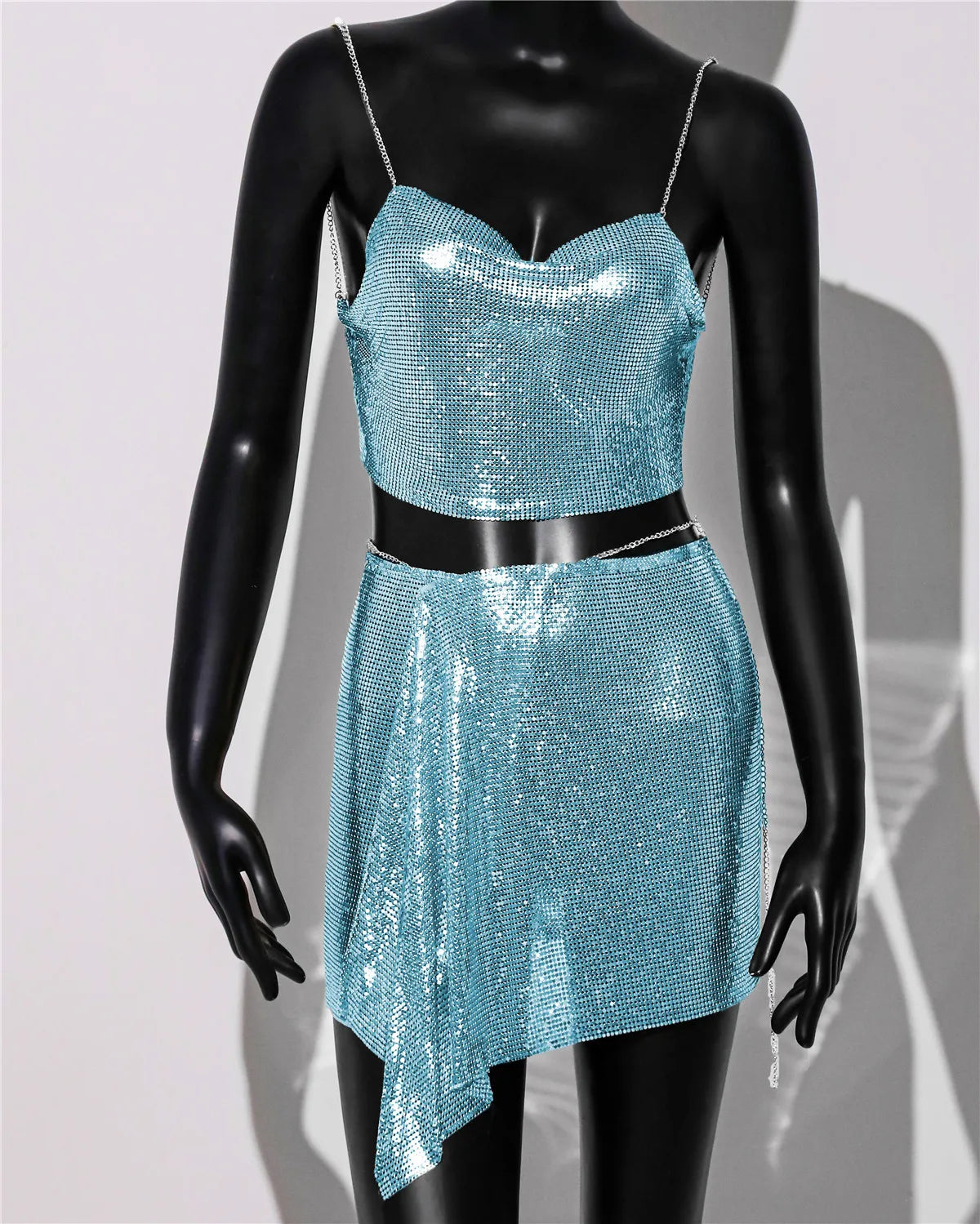 Metal Sequins Sleeveless Halter Skirts Set