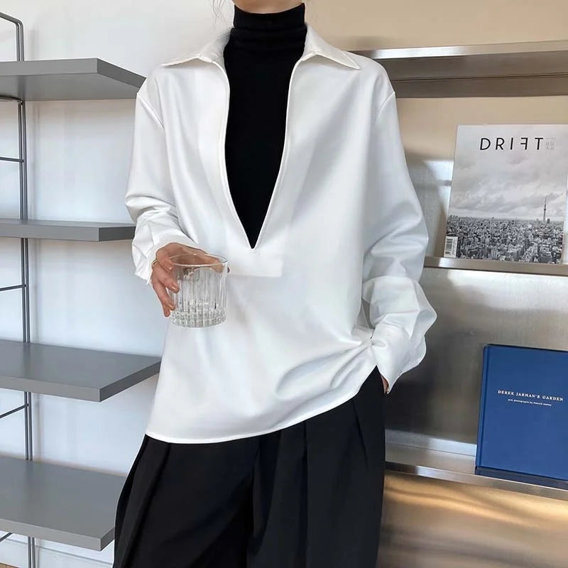 V Neck Solid Full Sleeve Loose Tops