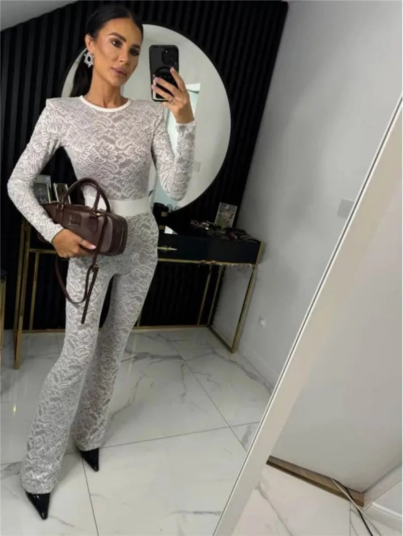 Lace Print Long Sleeve Jumpsuits